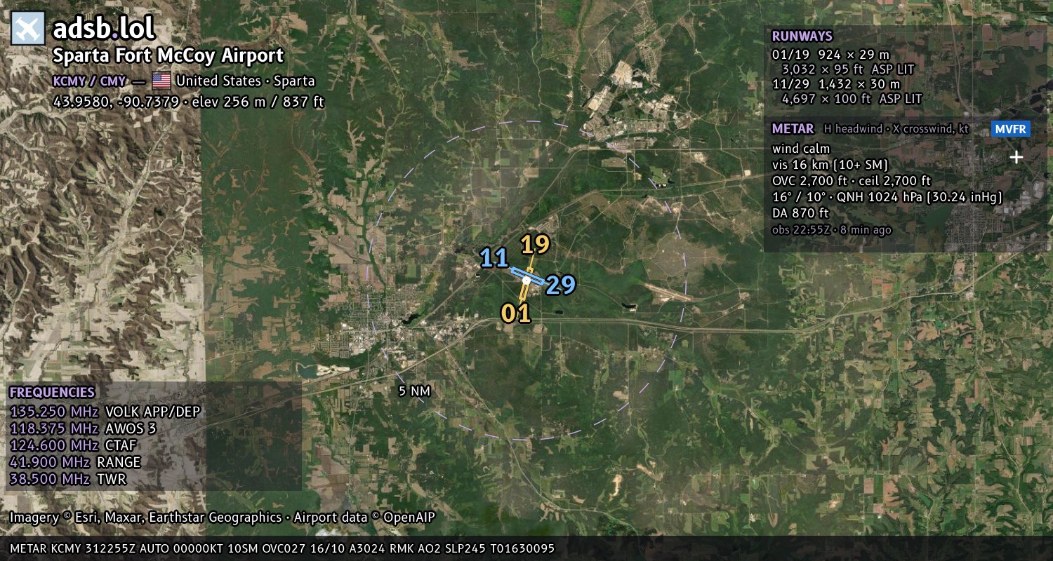 Satellite map with the runway layout of Sparta Fort McCoy Airport (KCMY)