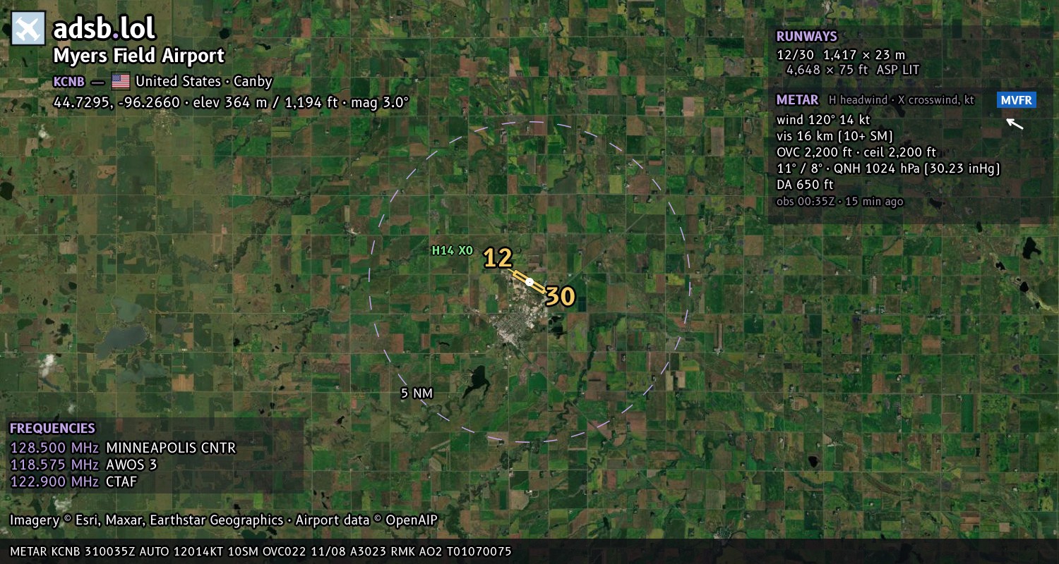Satellite map with the runway layout of Myers Field Airport (KCNB)