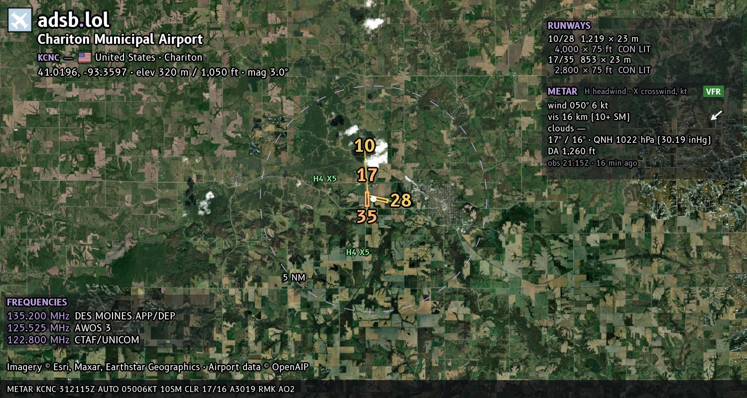 Satellite map with the runway layout of Chariton Municipal Airport (KCNC)