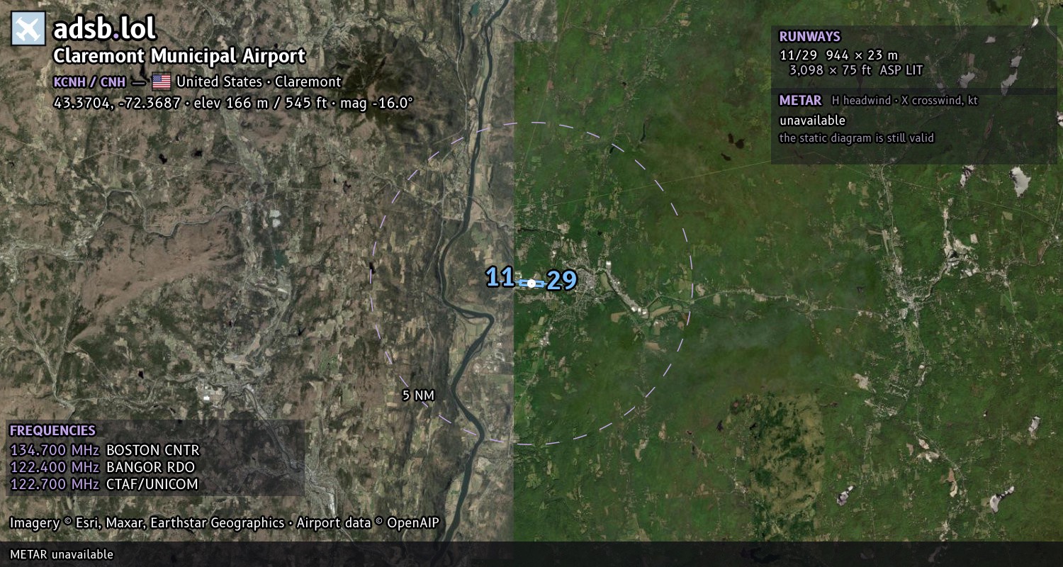 Satellite map with the runway layout of Claremont Municipal Airport (KCNH)