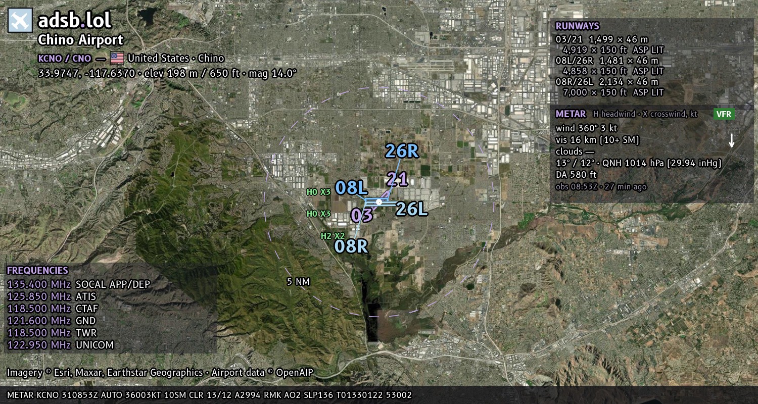 Satellite map with the runway layout of Chino Airport (KCNO)