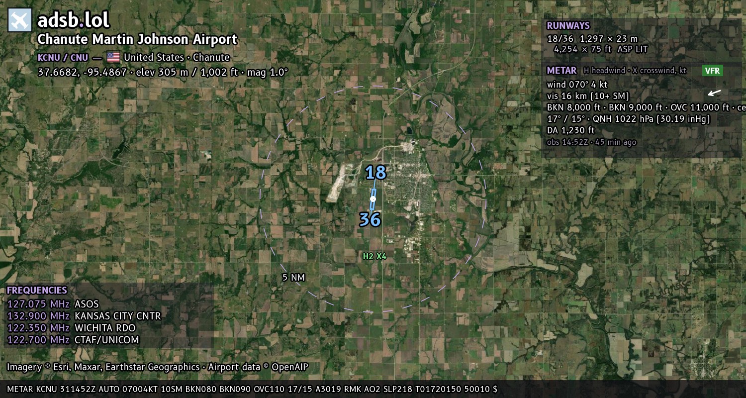 Satellite map with the runway layout of Chanute Martin Johnson Airport (KCNU)
