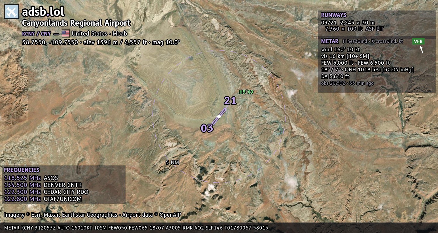 Satellite map with the runway layout of Canyonlands Regional Airport (KCNY)