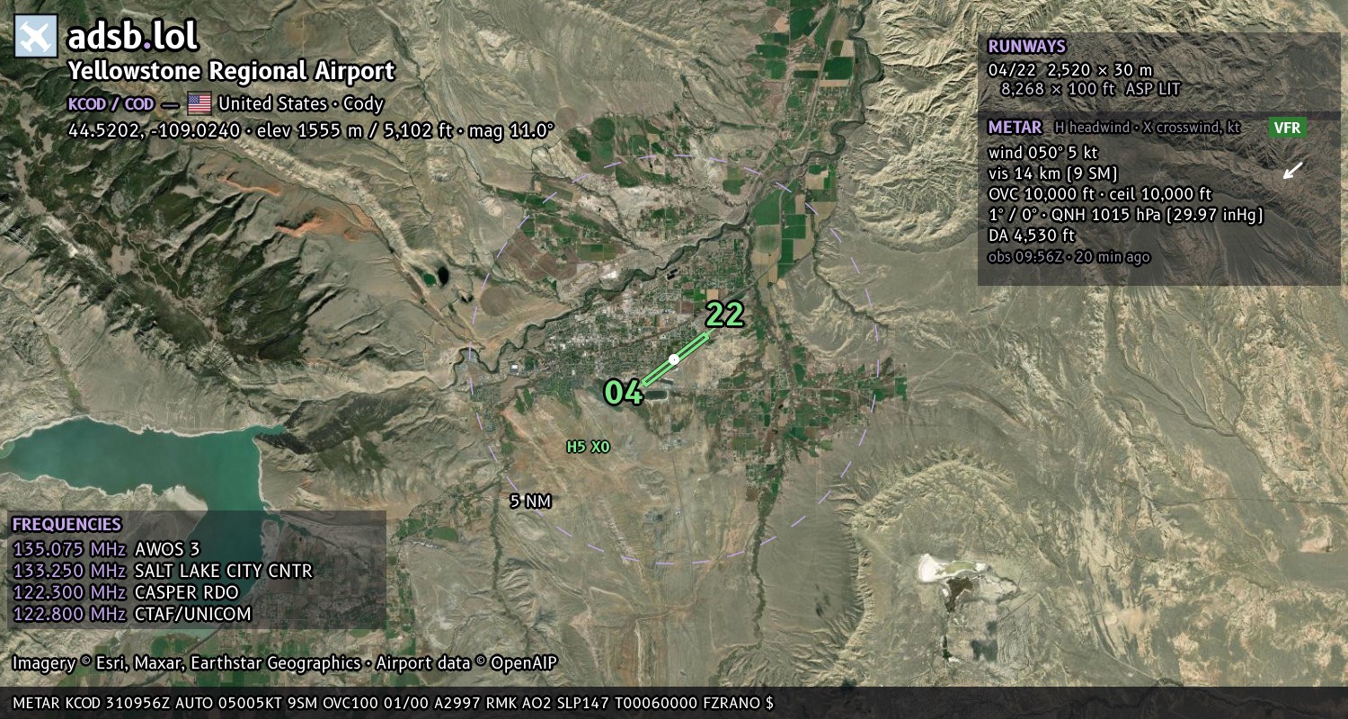 Satellite map with the runway layout of Yellowstone Regional Airport (KCOD)