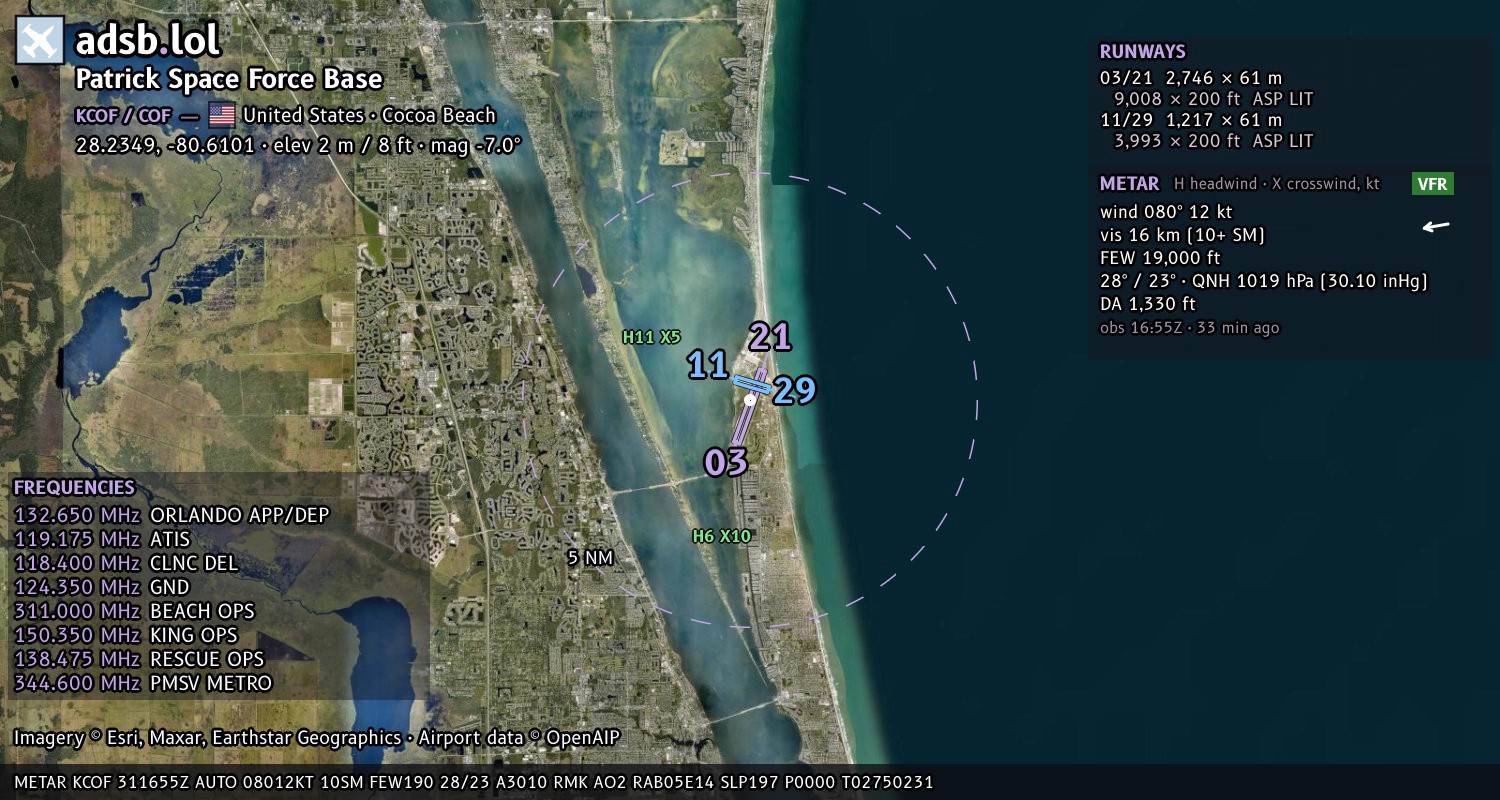 Satellite map with the runway layout of Patrick Space Force Base (KCOF)