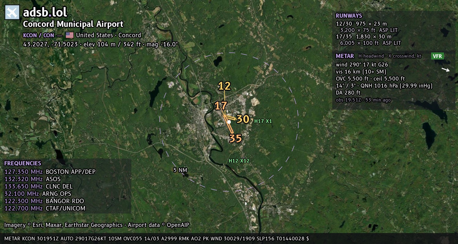 Satellite map with the runway layout of Concord Municipal Airport (KCON)