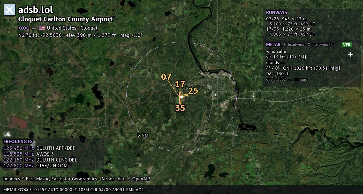 Satellite map with the runway layout of Cloquet Carlton County Airport (KCOQ)