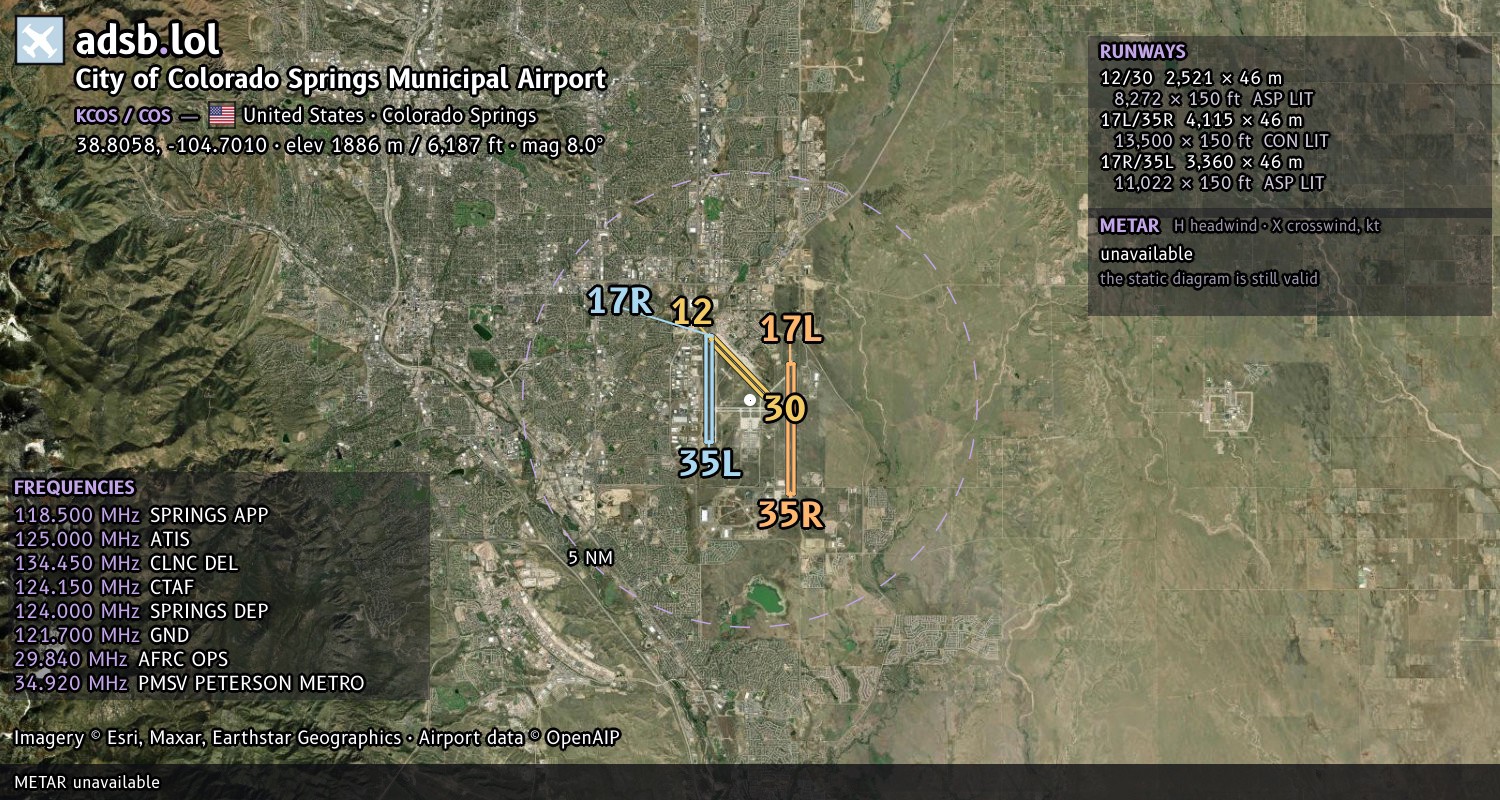Satellite map with the runway layout of City of Colorado Springs Municipal Airport (KCOS)