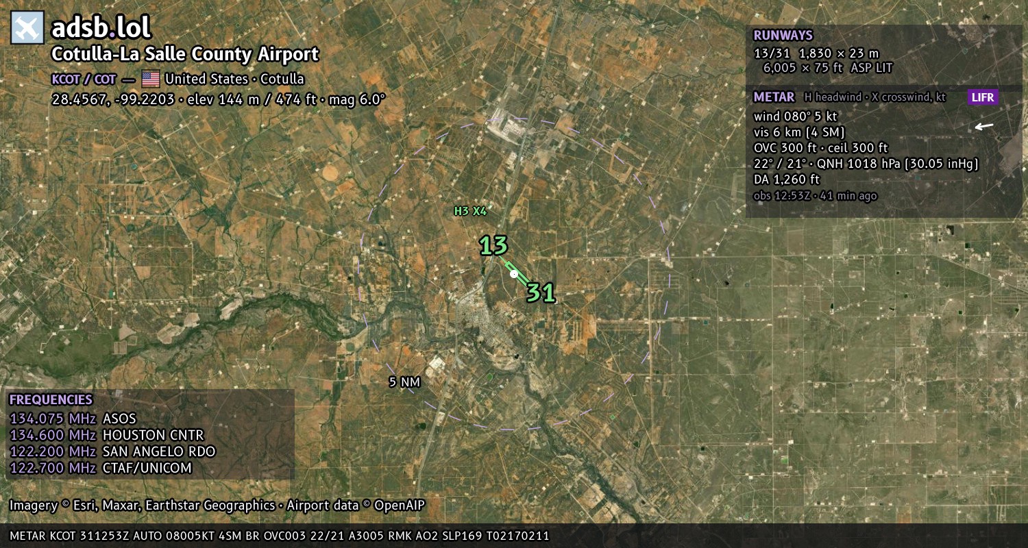 Satellite map with the runway layout of Cotulla-La Salle County Airport (KCOT)