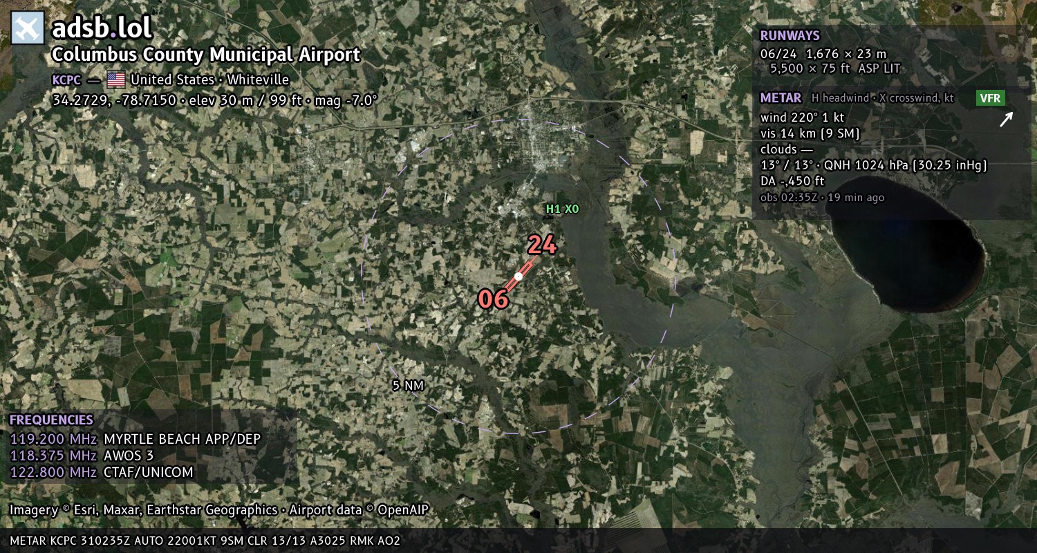 Satellite map with the runway layout of Columbus County Municipal Airport (KCPC)