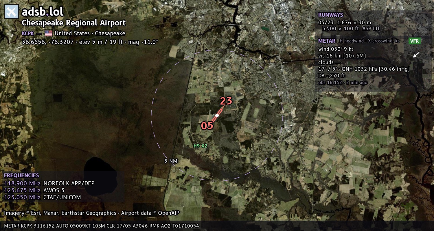 Satellite map with the runway layout of Chesapeake Regional Airport (KCPK)