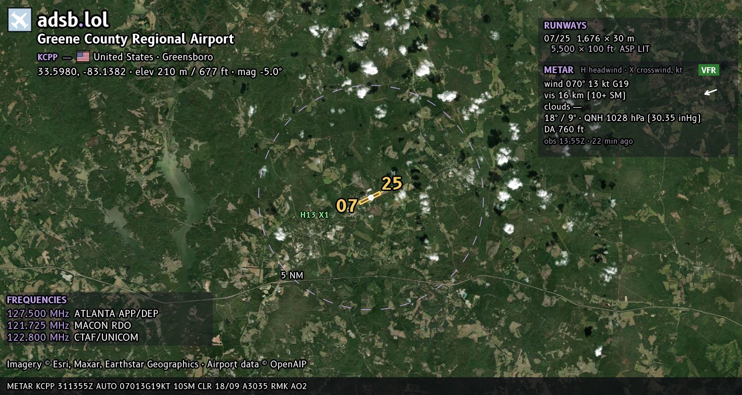 Satellite map with the runway layout of Greene County Regional Airport (KCPP)