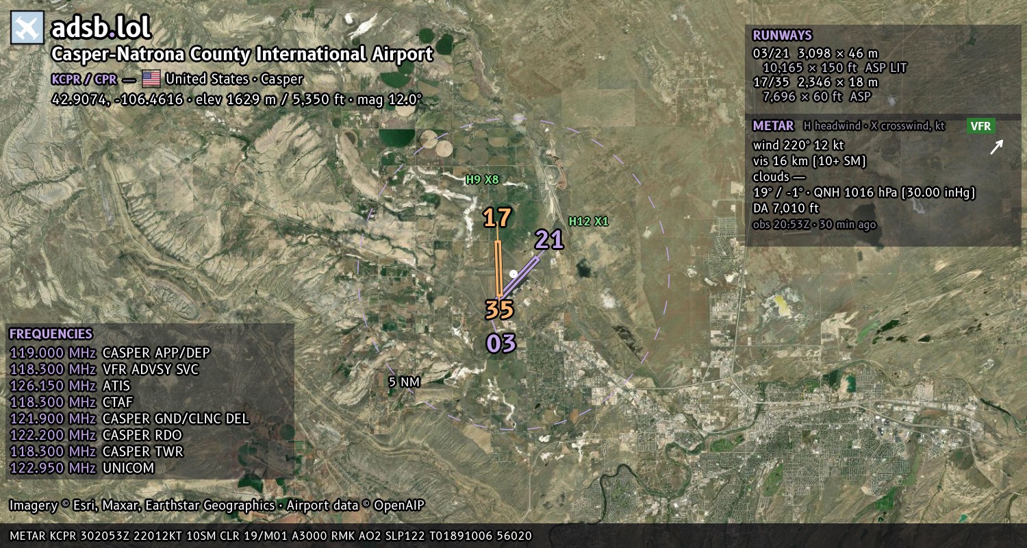 Satellite map with the runway layout of Casper-Natrona County International Airport (KCPR)