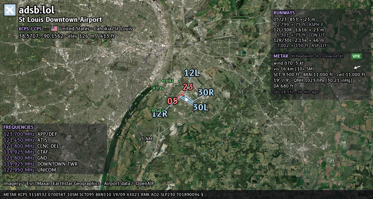 Satellite map with the runway layout of St Louis Downtown Airport (KCPS)
