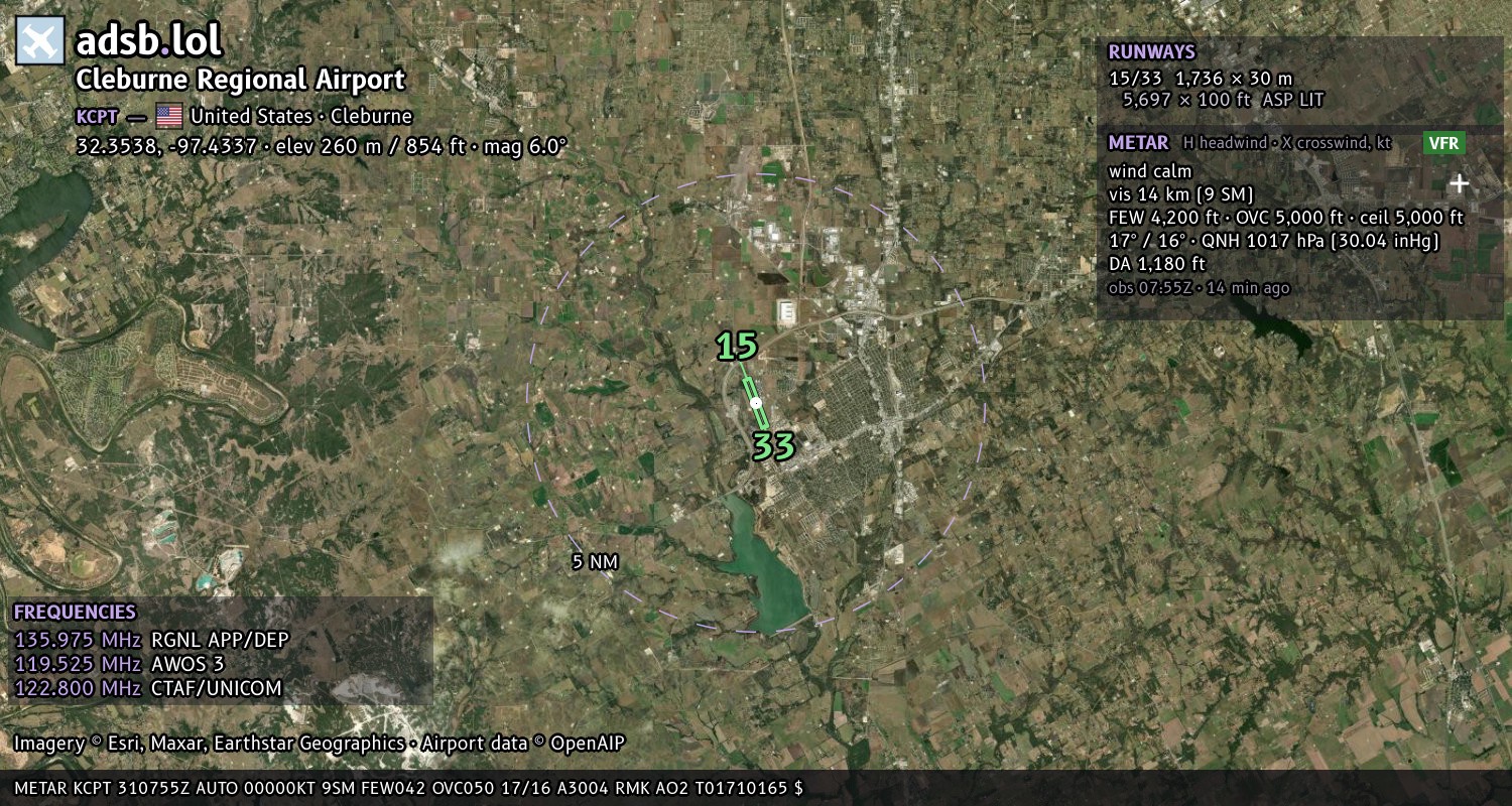 Satellite map with the runway layout of Cleburne Regional Airport (KCPT)