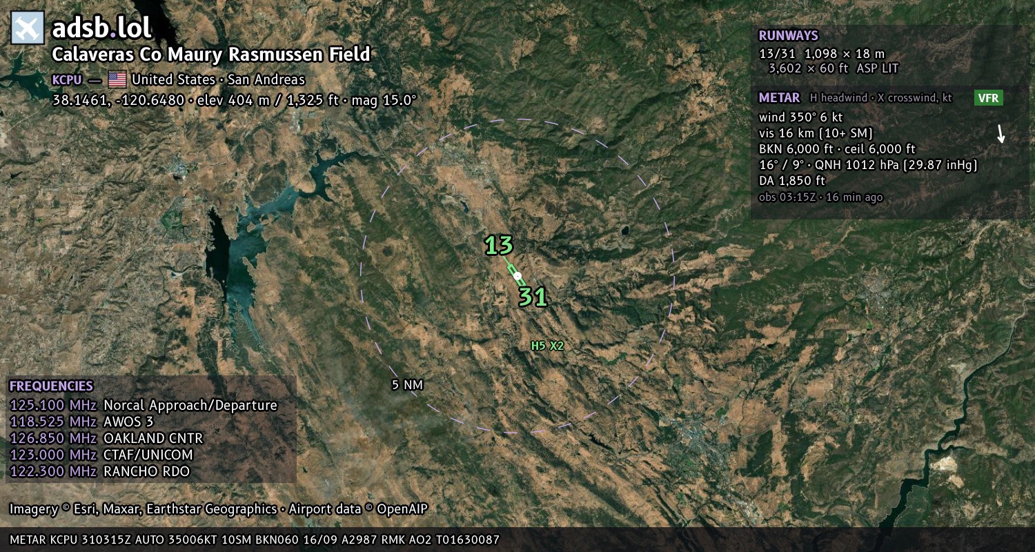 Satellite map with the runway layout of Calaveras Co Maury Rasmussen Field (KCPU)