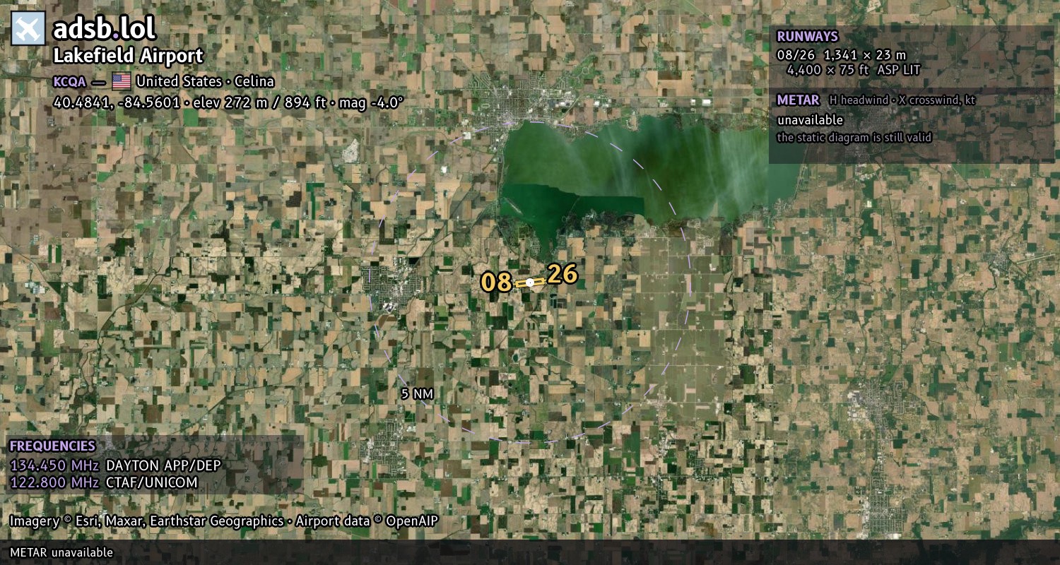 Satellite map with the runway layout of Lakefield Airport (KCQA)