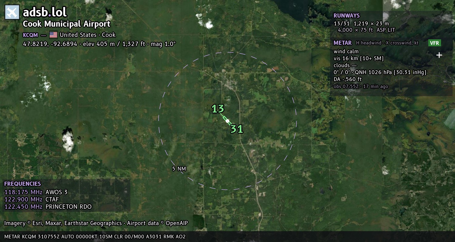 Satellite map with the runway layout of Cook Municipal Airport (KCQM)