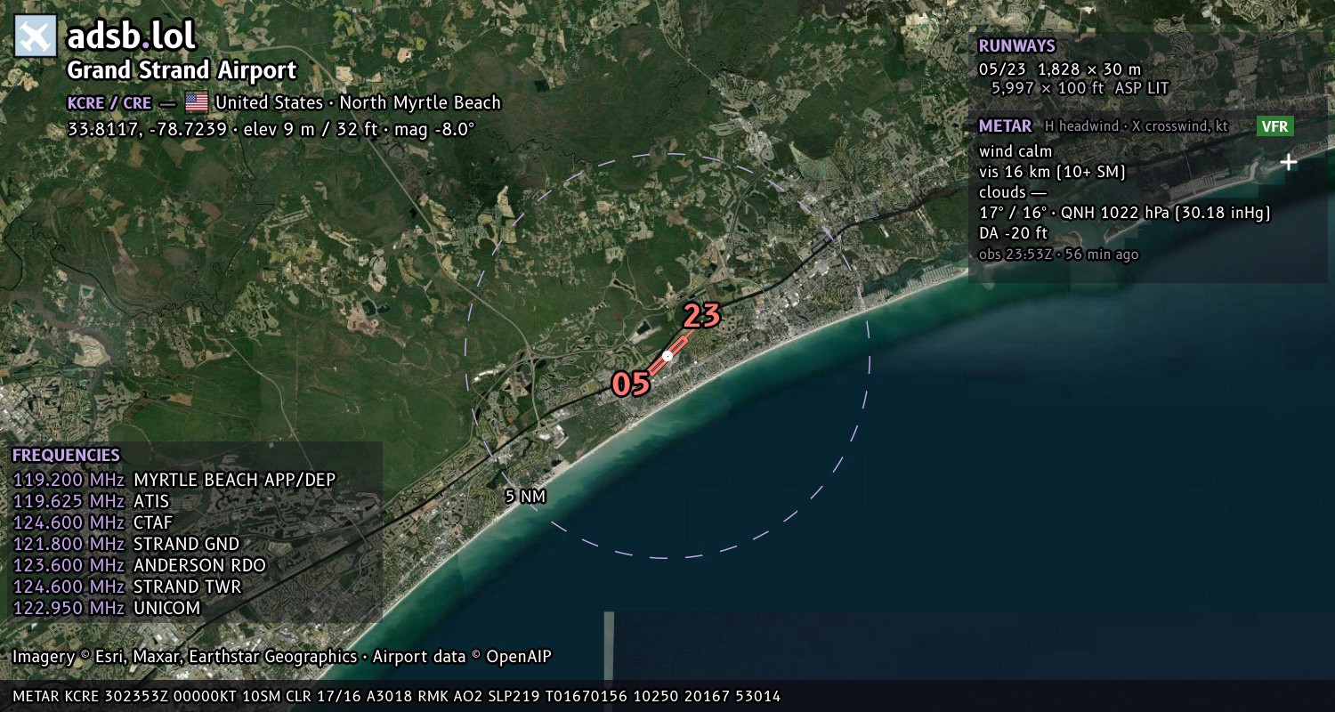 Satellite map with the runway layout of Grand Strand Airport (KCRE)