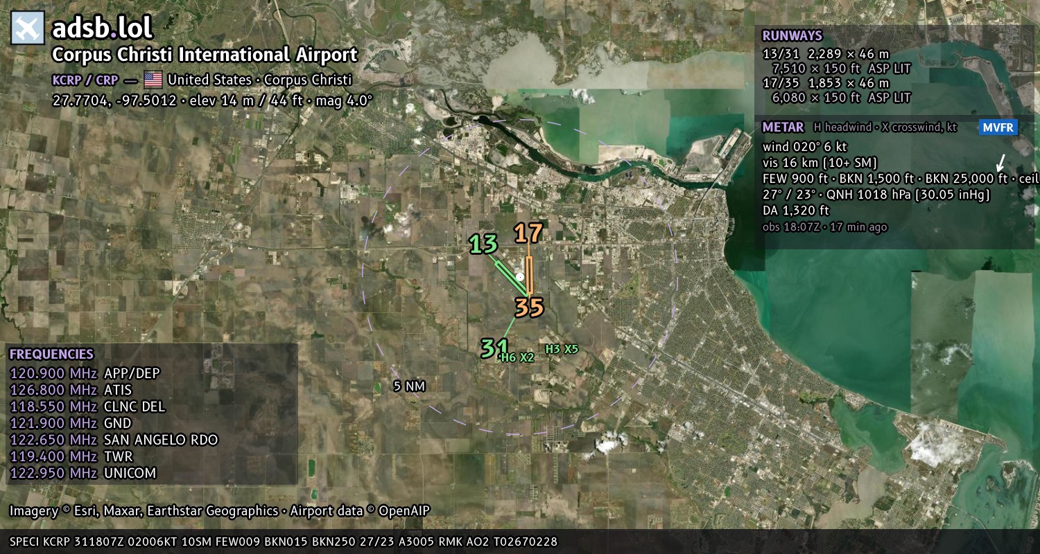 Satellite map with the runway layout of Corpus Christi International Airport (KCRP)