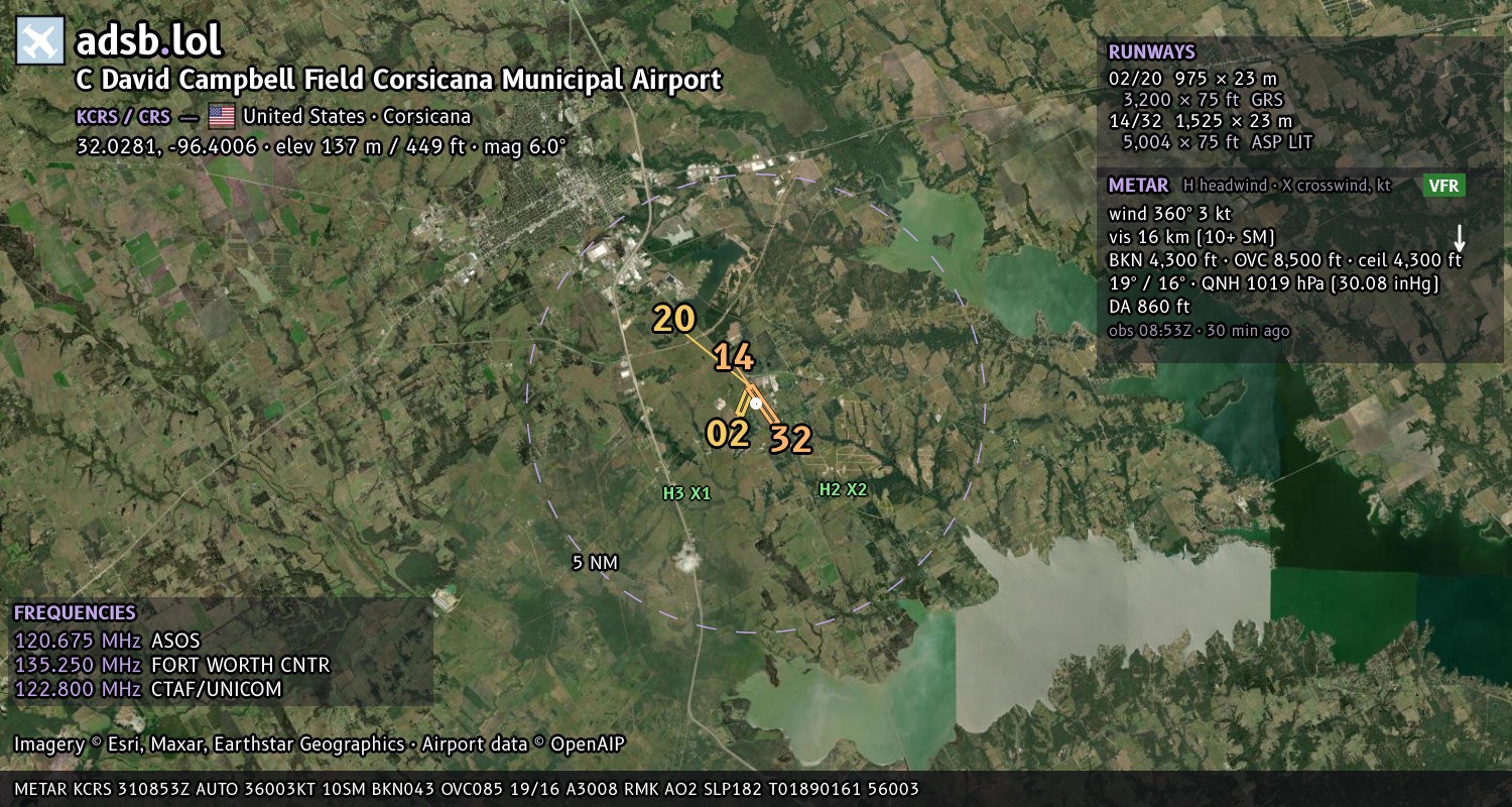 Satellite map with the runway layout of C David Campbell Field Corsicana Municipal Airport (KCRS)
