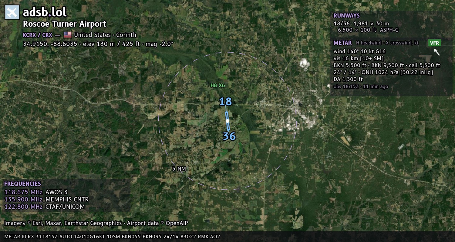 Satellite map with the runway layout of Roscoe Turner Airport (KCRX)