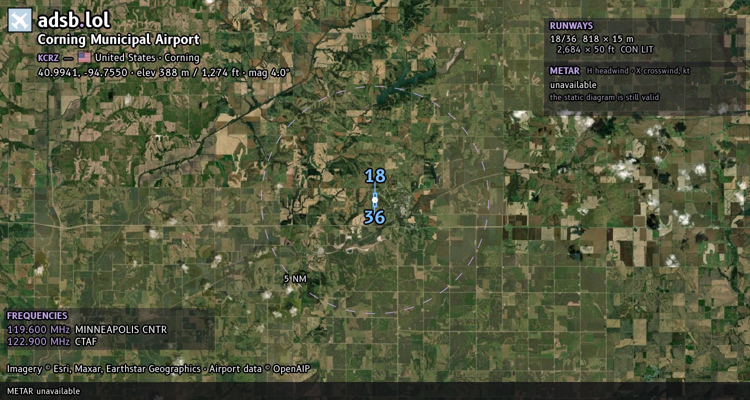 Satellite map with the runway layout of Corning Municipal Airport (KCRZ)