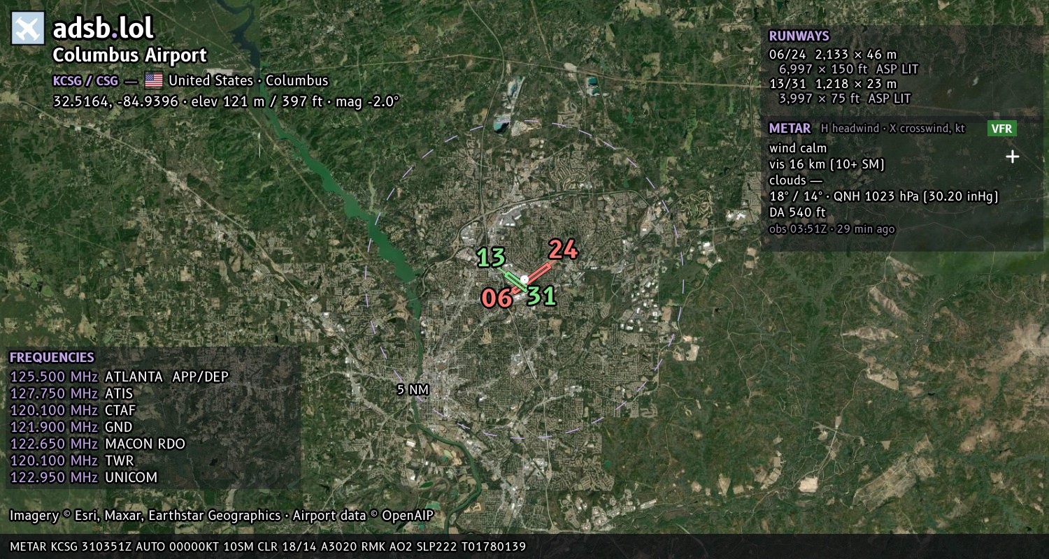 Satellite map with the runway layout of Columbus Airport (KCSG)