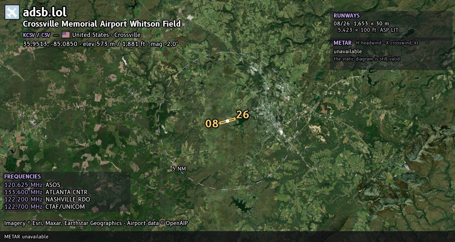 Satellite map with the runway layout of Crossville Memorial Airport Whitson Field (KCSV)