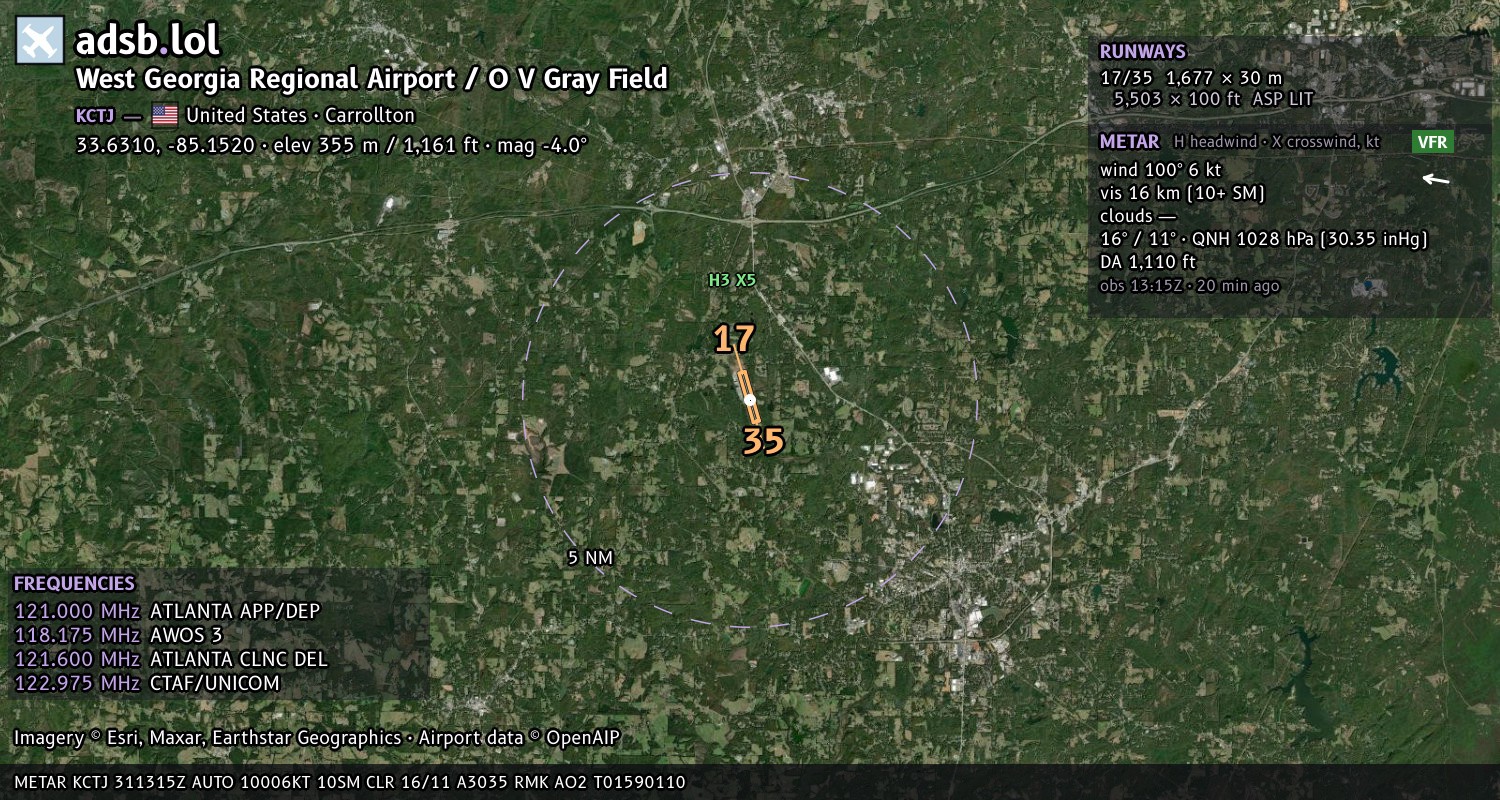 Satellite map with the runway layout of West Georgia Regional Airport / O V Gray Field (KCTJ)