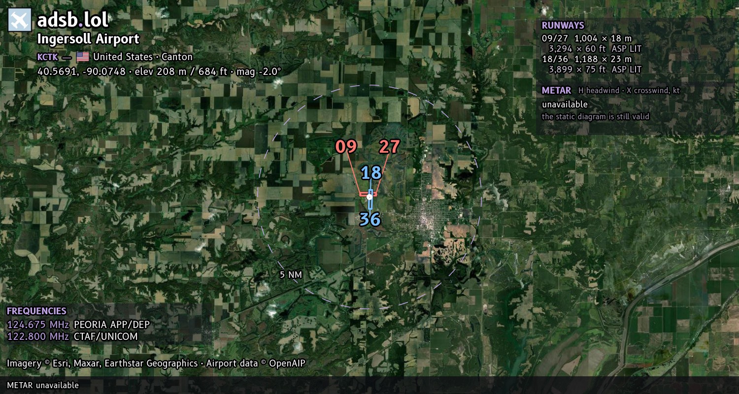 Satellite map with the runway layout of Ingersoll Airport (KCTK)