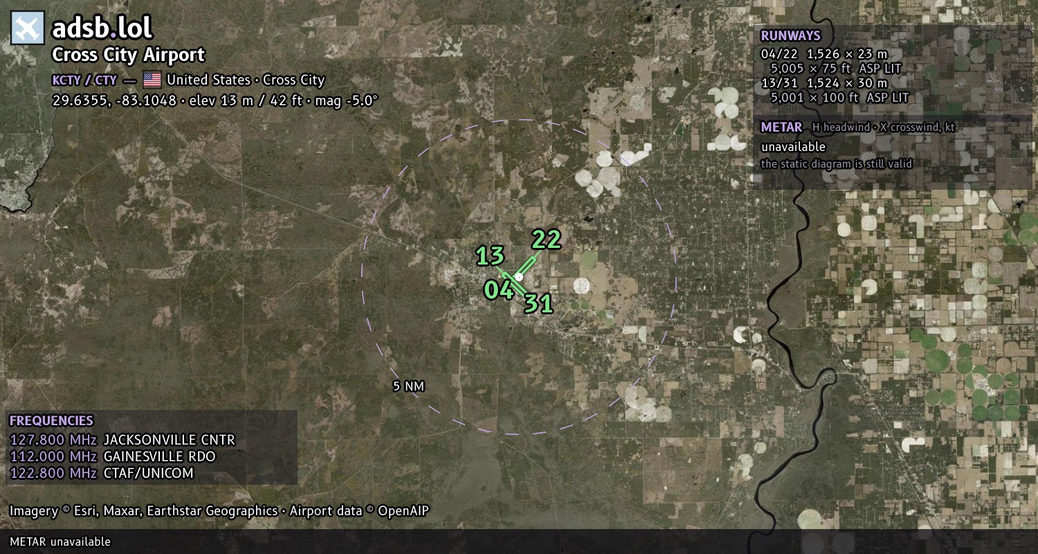 Satellite map with the runway layout of Cross City Airport (KCTY)