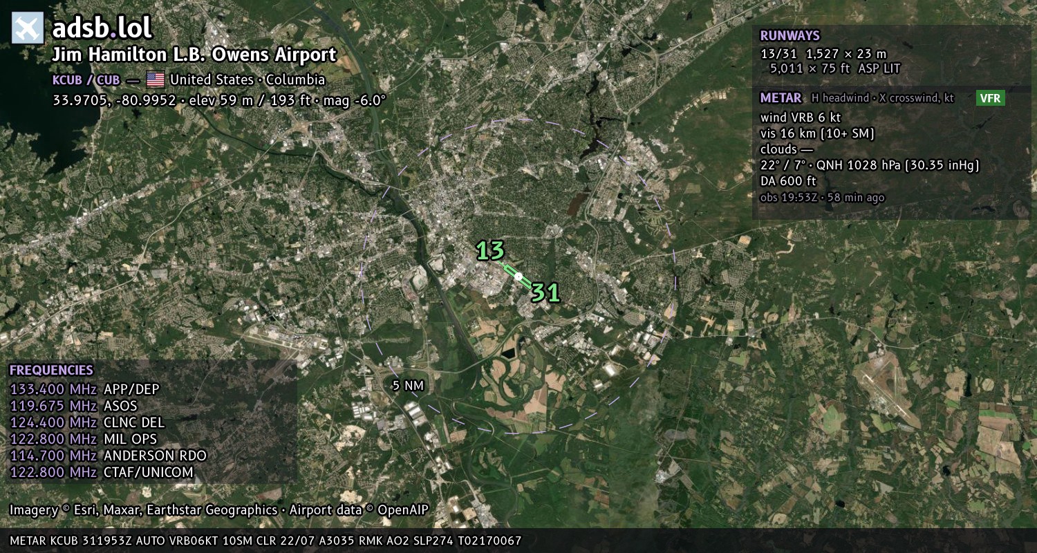Satellite map with the runway layout of Jim Hamilton L.B. Owens Airport (KCUB)