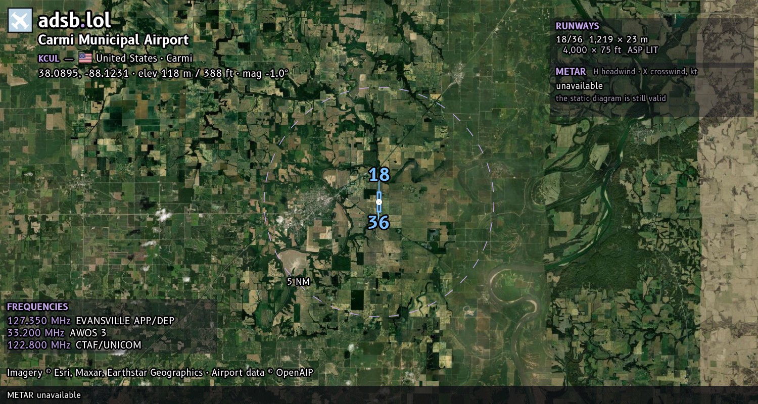 Satellite map with the runway layout of Carmi Municipal Airport (KCUL)