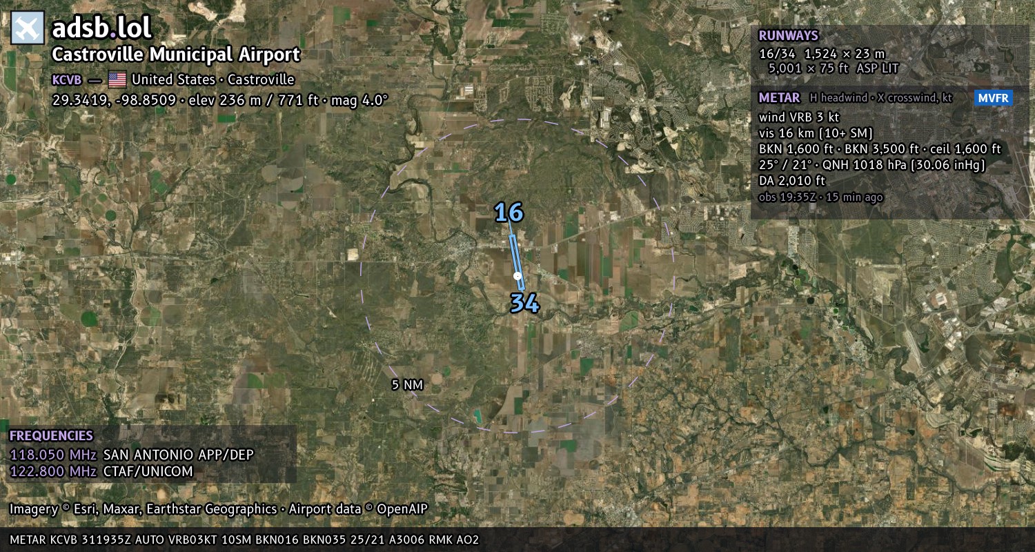 Satellite map with the runway layout of Castroville Municipal Airport (KCVB)