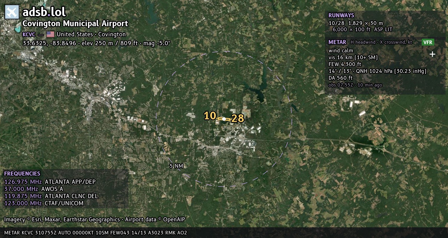 Satellite map with the runway layout of Covington Municipal Airport (KCVC)