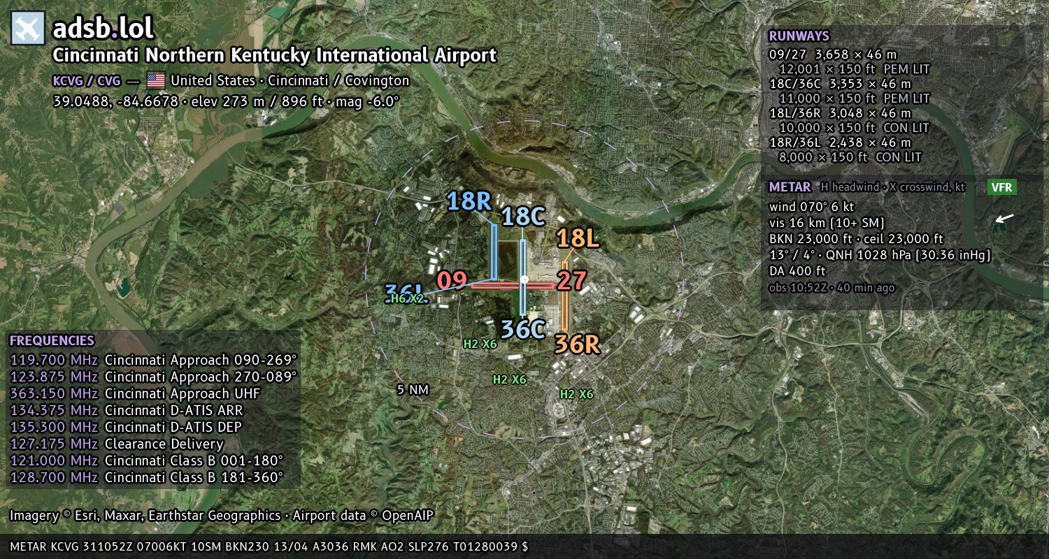 Satellite map with the runway layout of Cincinnati Northern Kentucky International Airport (KCVG)