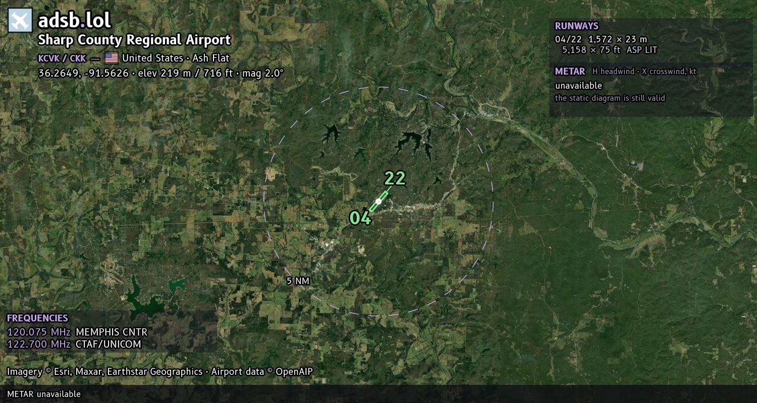 Satellite map with the runway layout of Sharp County Regional Airport (KCVK)