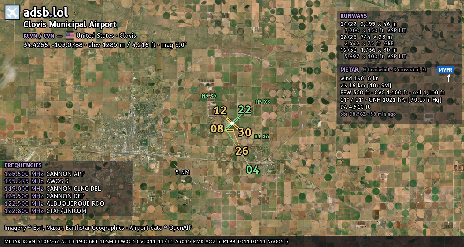 Satellite map with the runway layout of Clovis Municipal Airport (KCVN)