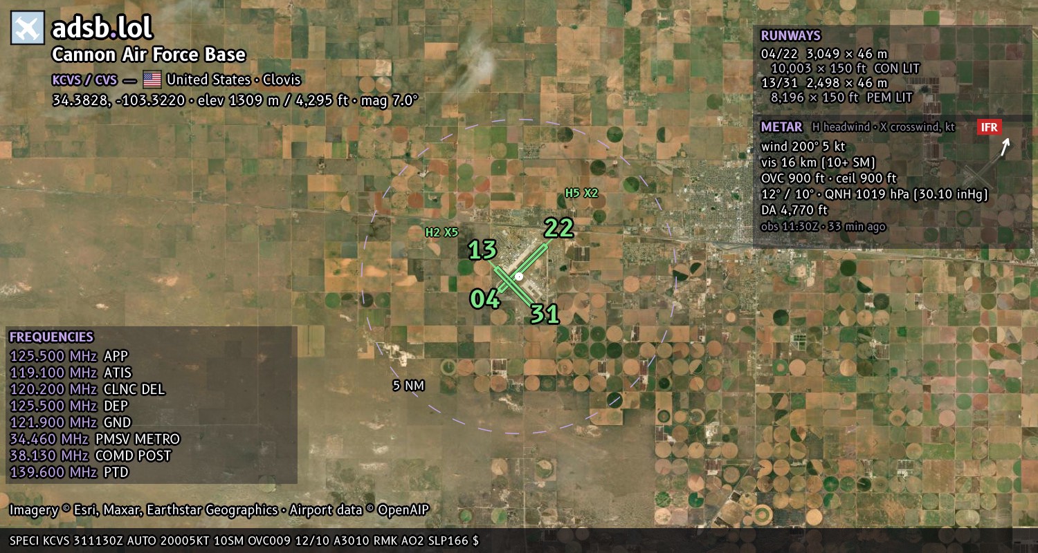 Satellite map with the runway layout of Cannon Air Force Base (KCVS)