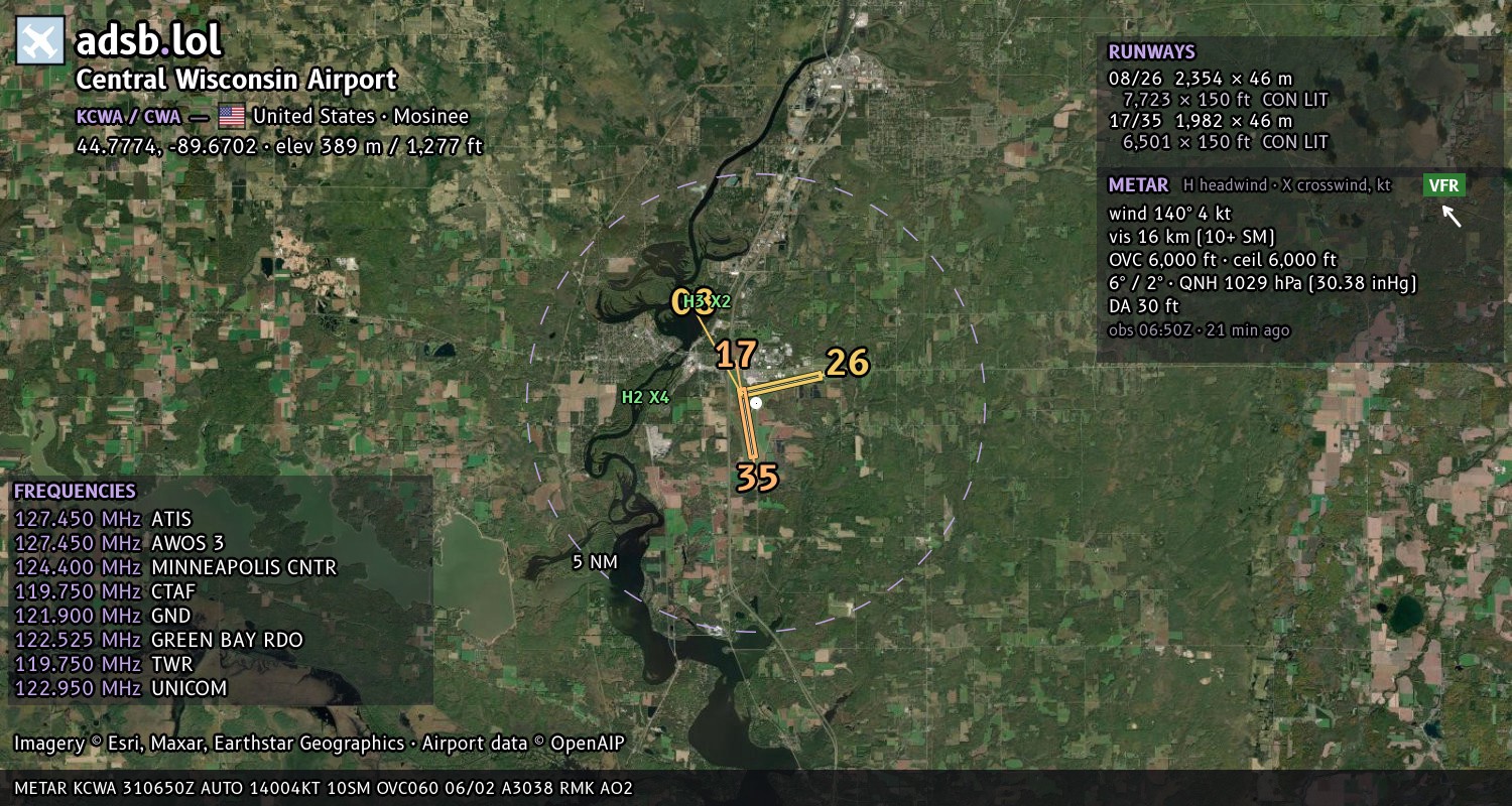 Satellite map with the runway layout of Central Wisconsin Airport (KCWA)