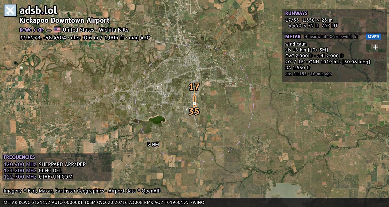 Satellite map with the runway layout of Kickapoo Downtown Airport (KCWC)