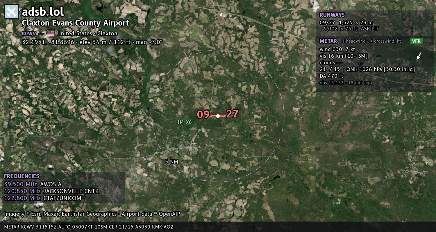 Satellite map with the runway layout of Claxton Evans County Airport (KCWV)