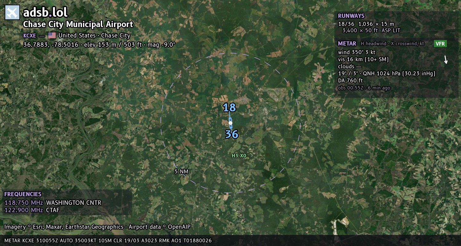 Satellite map with the runway layout of Chase City Municipal Airport (KCXE)