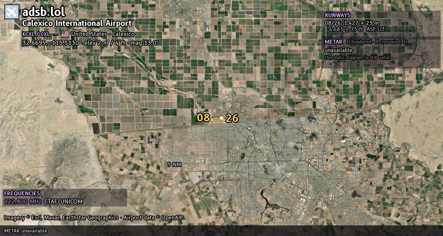 Satellite map with the runway layout of Calexico International Airport (KCXL)