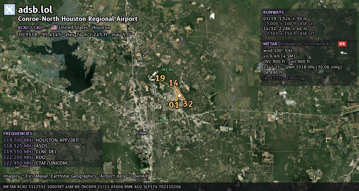 Satellite map with the runway layout of Conroe-North Houston Regional Airport (KCXO)