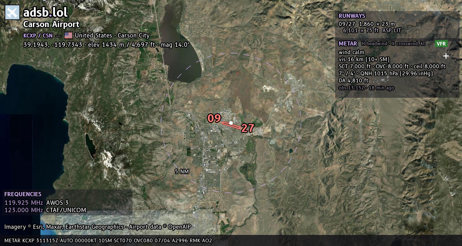 Satellite map with the runway layout of Carson Airport (KCXP)