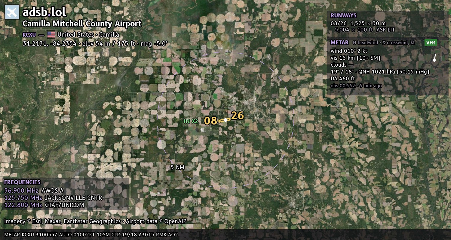 Satellite map with the runway layout of Camilla Mitchell County Airport (KCXU)