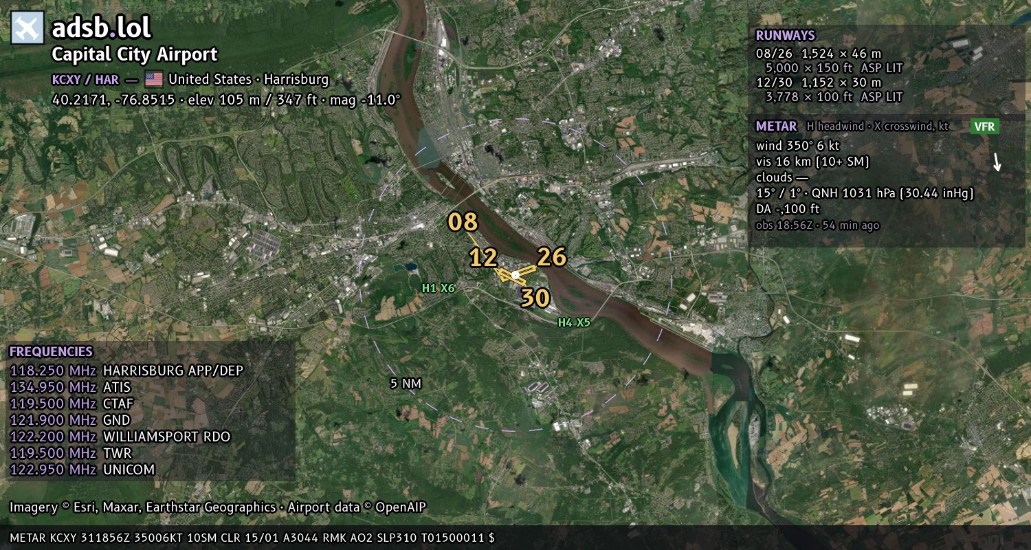 Satellite map with the runway layout of Capital City Airport (KCXY)