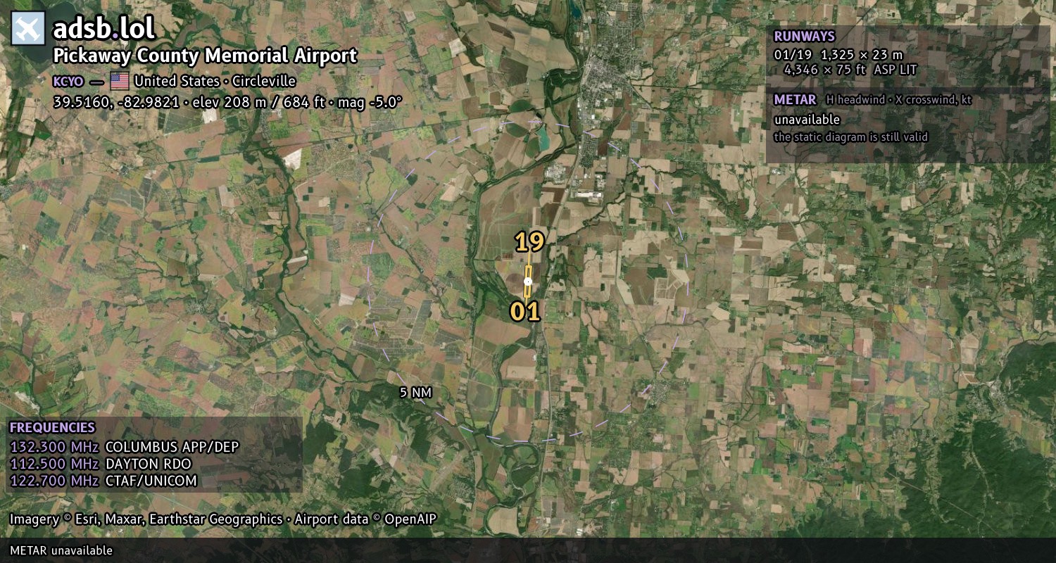 Satellite map with the runway layout of Pickaway County Memorial Airport (KCYO)